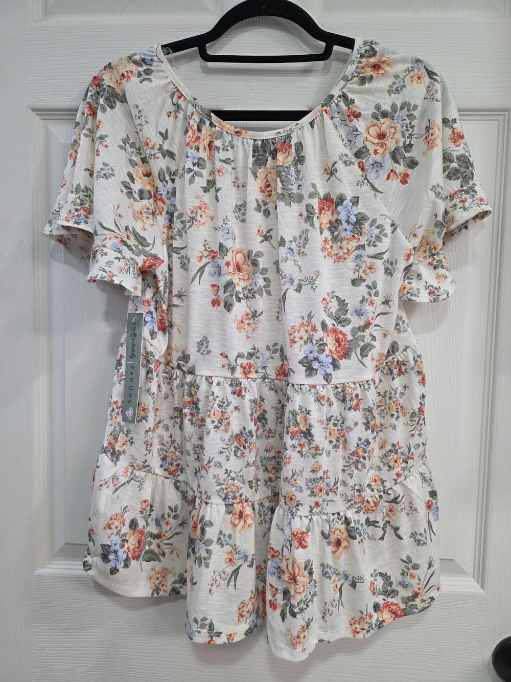 Women's Floral Short Sleeve Tie-Front Blouse in Cream, Coral & Sage NEW - Picture 2 of 6